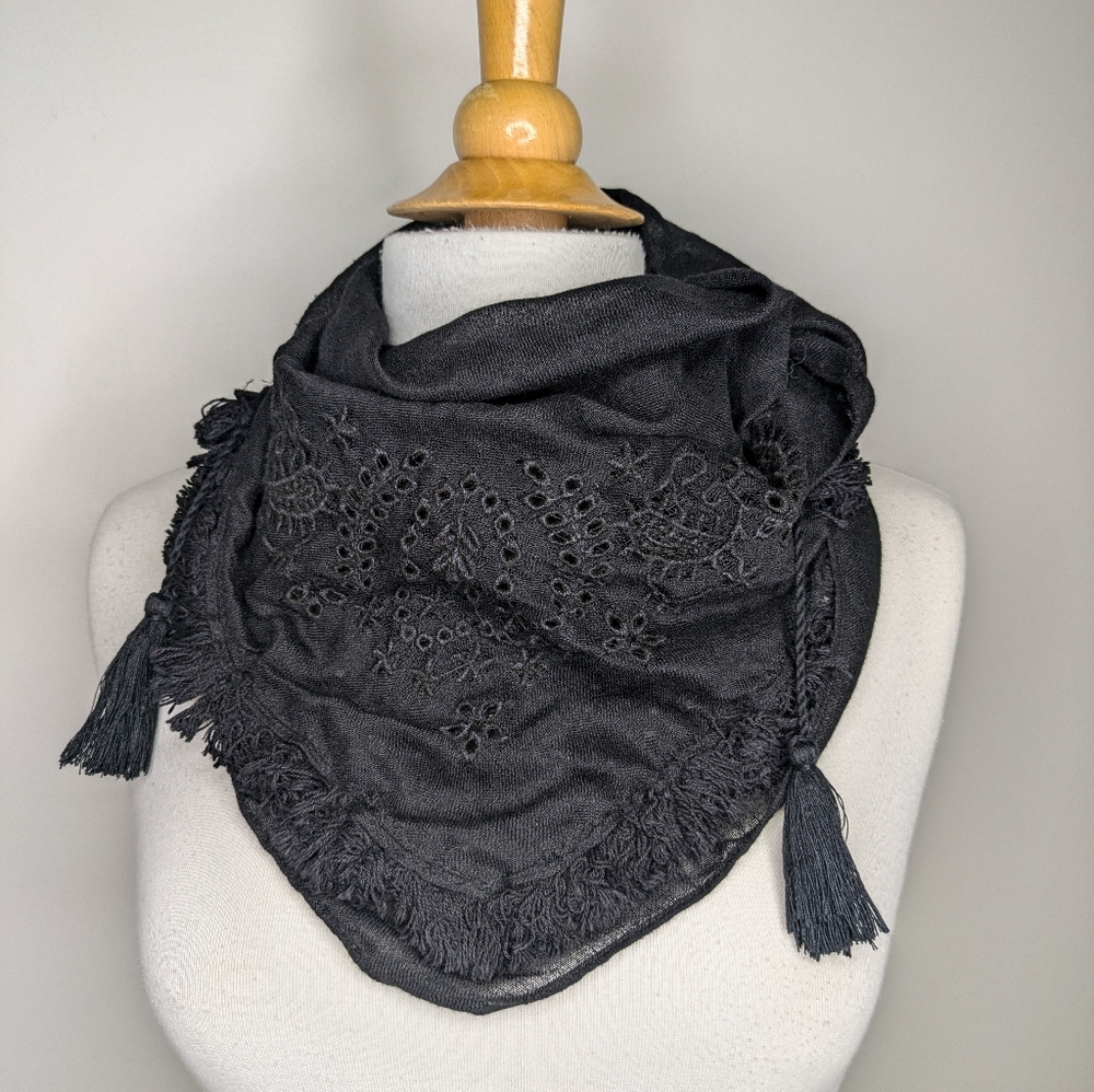 Eyelet Lace Fringe & Tassel Black Square Scarf